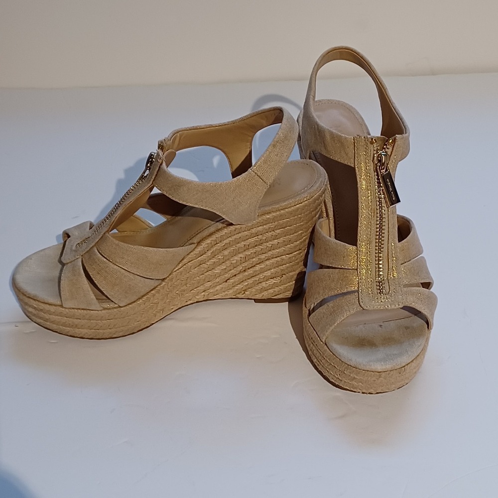 Michael Kors Women's Gold Berkley Espadrille Mid Wedge Heel Sandals Sz 6 1/2